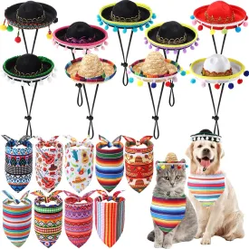 18 Pcs Mexican Dog Costume Cinco De Mayo Sombrero Straw Hats with Felt POM Ball and Colorful Stripe Dog Bandana Adjustable Fiesta Head Bopper Accessories for Cats Dogs Party Decoration