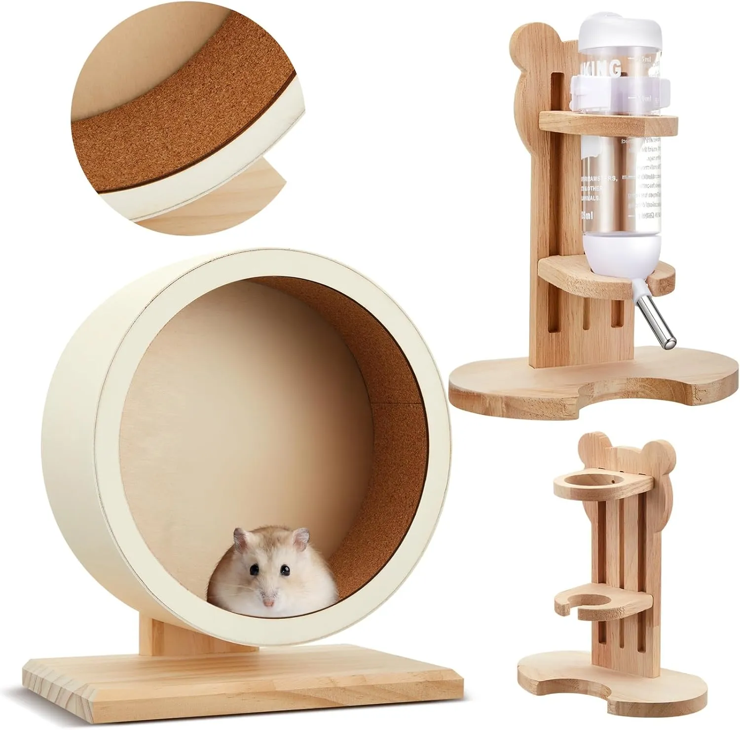 2 Pcs 7.9" Wooden Hamster Wheels and Hamster Water Bottle Set Guinea Pig Running Silent Exercise Wheels Small Animal Water Dispenser Stand Holder for Guinea Pig Gerbil