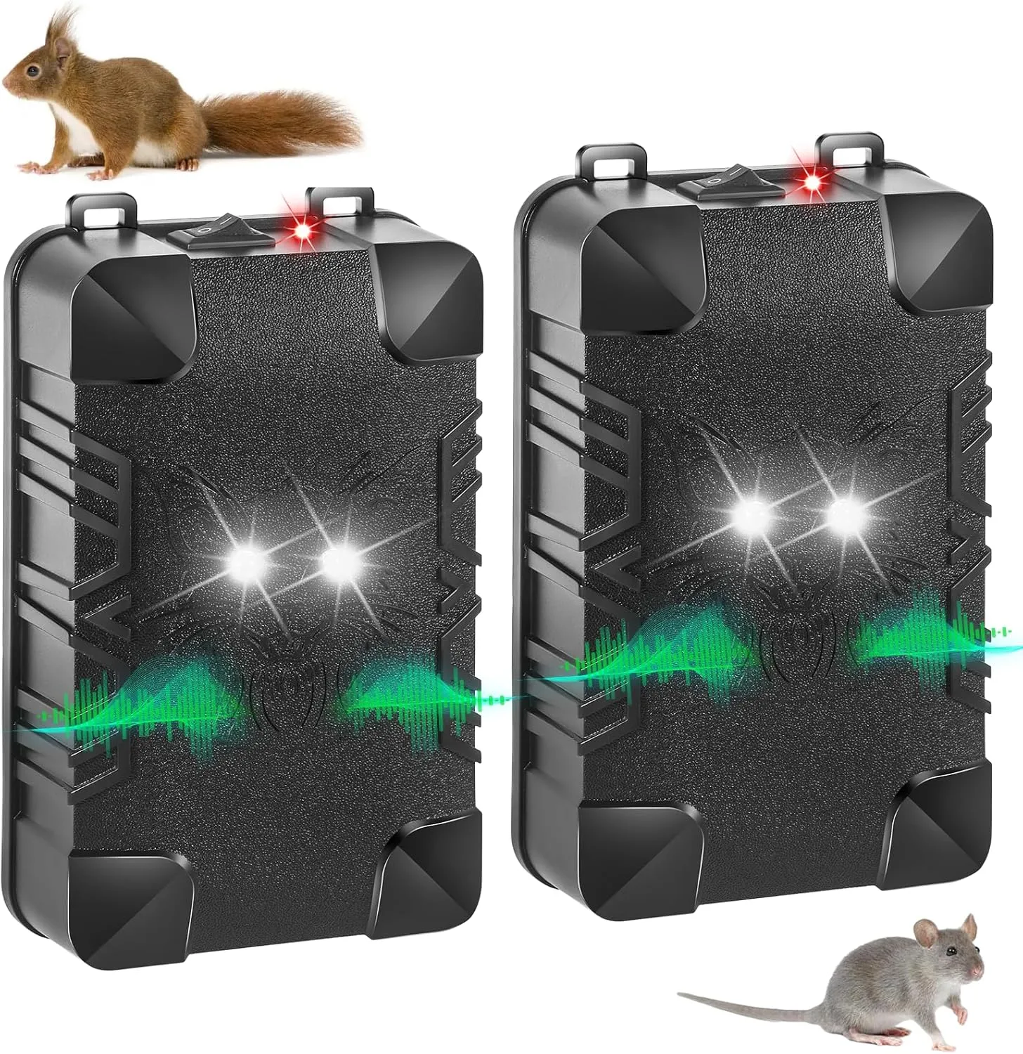 2 Pcs Under Hood Rodent Repeller with Strobe Light & 3 Power Supply Methods, Professional Ultrasonic Mouse Repellent Rat Squirrel Deterrent for 12V Cars Trucks RV Engine Bay Warehouse Attic