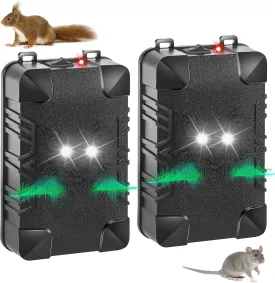 2 Pcs Under Hood Rodent Repeller with Strobe Light & 3 Power Supply Methods, Professional Ultrasonic Mouse Repellent Rat Squirrel Deterrent for 12V Cars Trucks RV Engine Bay Warehouse Attic