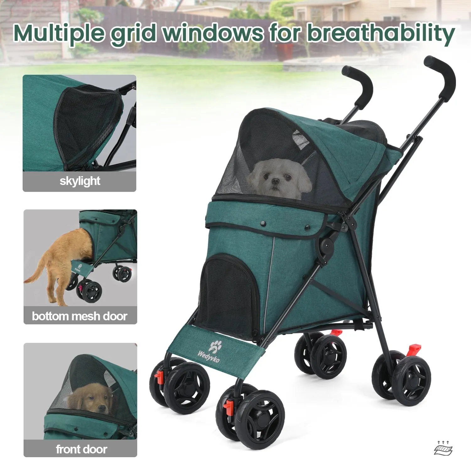 3 in 1 Pet Stroller for Small Dogs and Cats, Foldable Pet Stroller with Adjustable Handle, 6 Wheels, Breathable Mesh, Large Capacity, Easy to Carry, Green (Dark Green)