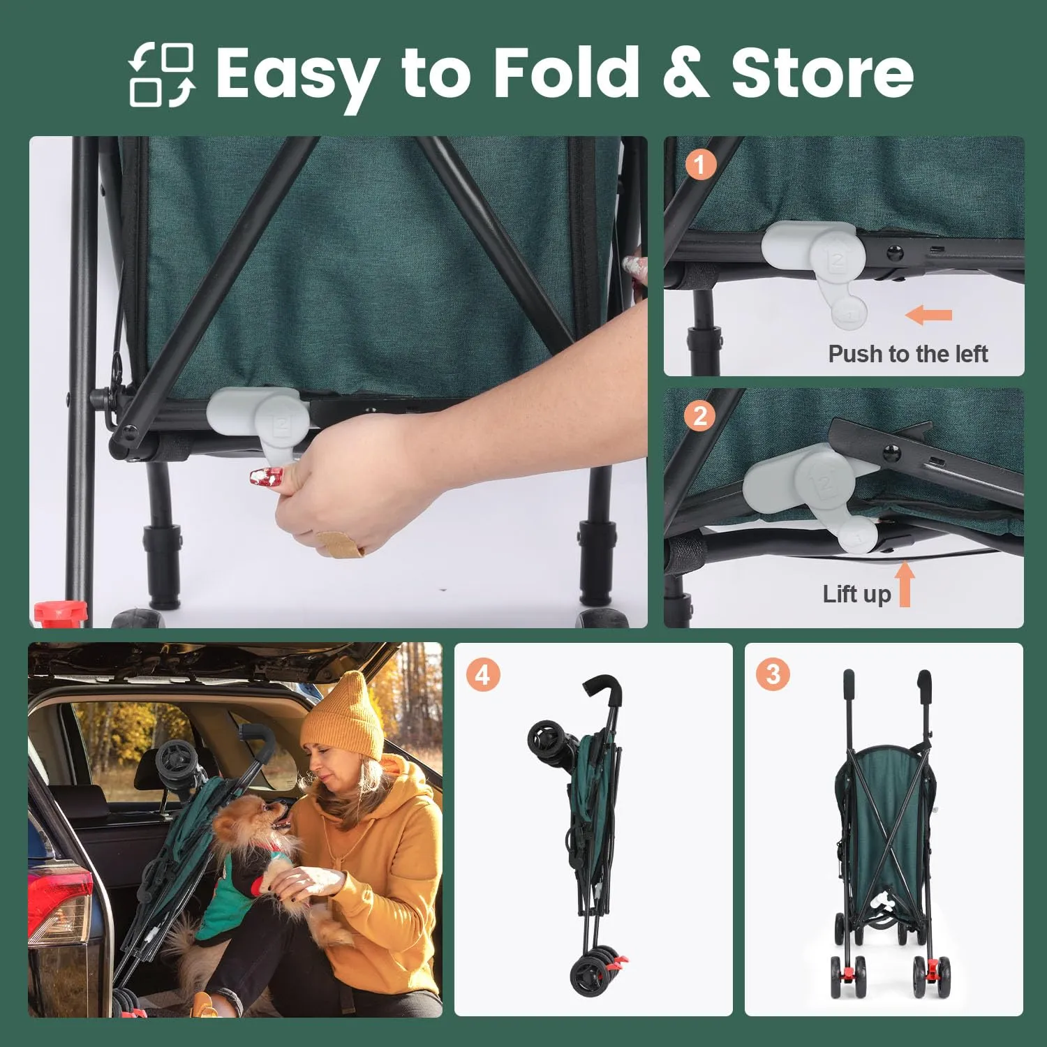 3 in 1 Pet Stroller for Small Dogs and Cats, Foldable Pet Stroller with Adjustable Handle, 6 Wheels, Breathable Mesh, Large Capacity, Easy to Carry, Green (Dark Green)