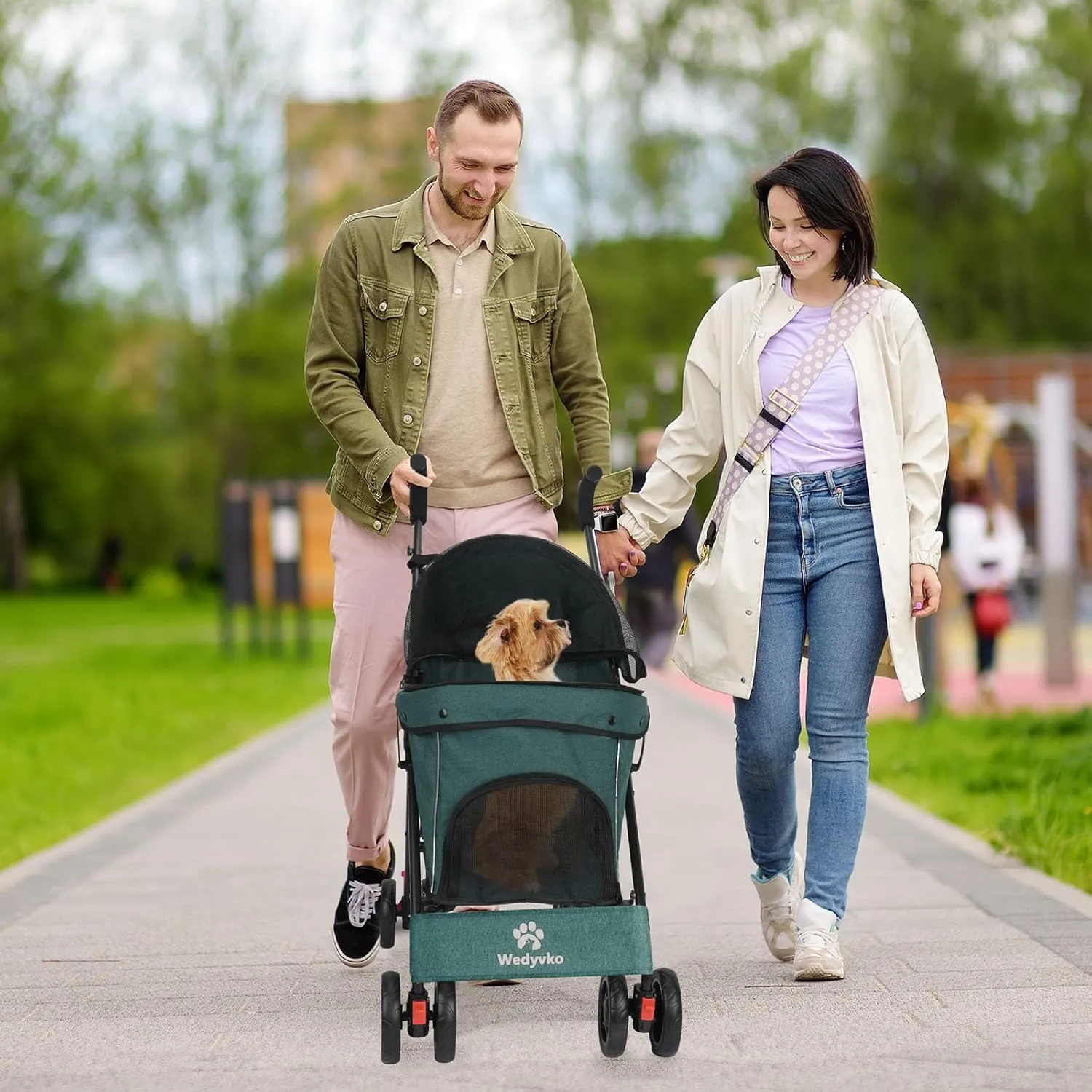 3 in 1 Pet Stroller for Small Dogs and Cats, Foldable Pet Stroller with Adjustable Handle, 6 Wheels, Breathable Mesh, Large Capacity, Easy to Carry, Green (Dark Green)