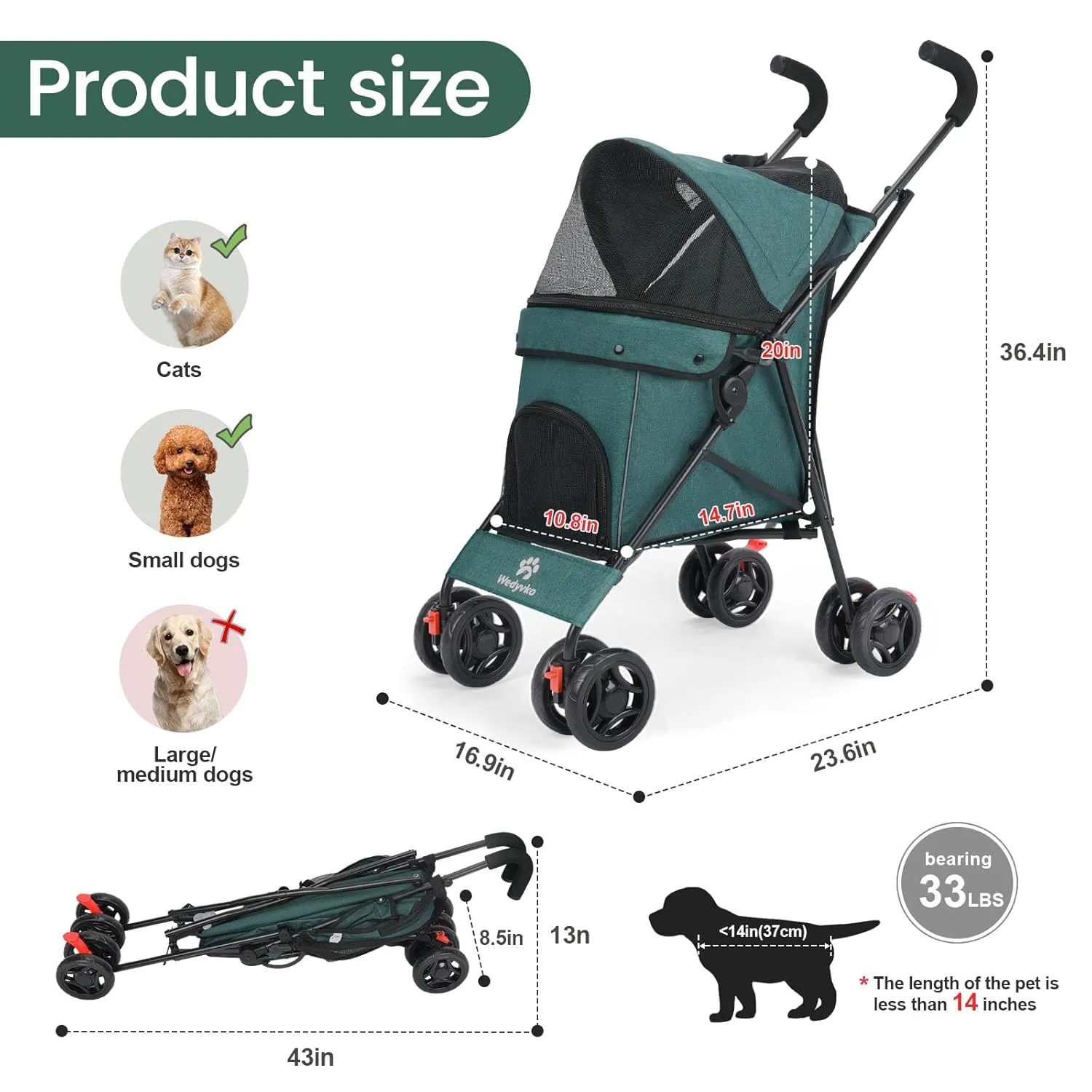 3 in 1 Pet Stroller for Small Dogs and Cats, Foldable Pet Stroller with Adjustable Handle, 6 Wheels, Breathable Mesh, Large Capacity, Easy to Carry, Green (Dark Green)