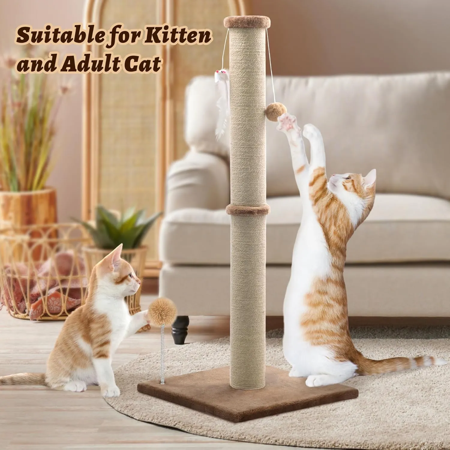 36'' Tall Cat Scratching Post, Large Sisal Scratch Post for Indoor Cats, Sturdy Cat Scratcher Tower, Vertical Cat Scratch Pole, Modern Cat Furniture for Kittens & Adult Cats (Brown)