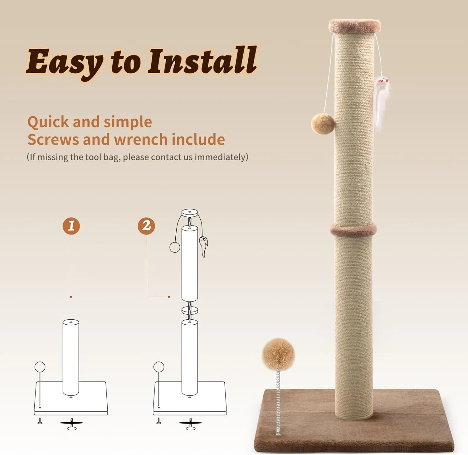 36'' Tall Cat Scratching Post, Large Sisal Scratch Post for Indoor Cats, Sturdy Cat Scratcher Tower, Vertical Cat Scratch Pole, Modern Cat Furniture for Kittens & Adult Cats (Brown)