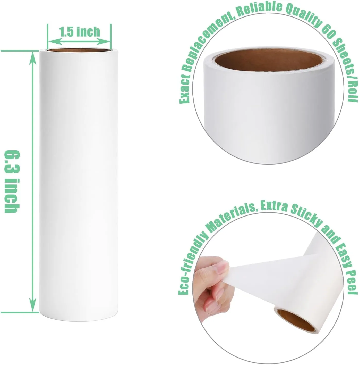 6.3 inch Lint Roller Refills Only, Extra Sticky Lint Remover Refills for Pet Hair Sticky Roller Refill Adhesive Tape Easy Peel 60 Sheets per Roll, Pack of 5, Total 300 Sheets (6.3'' Wide)