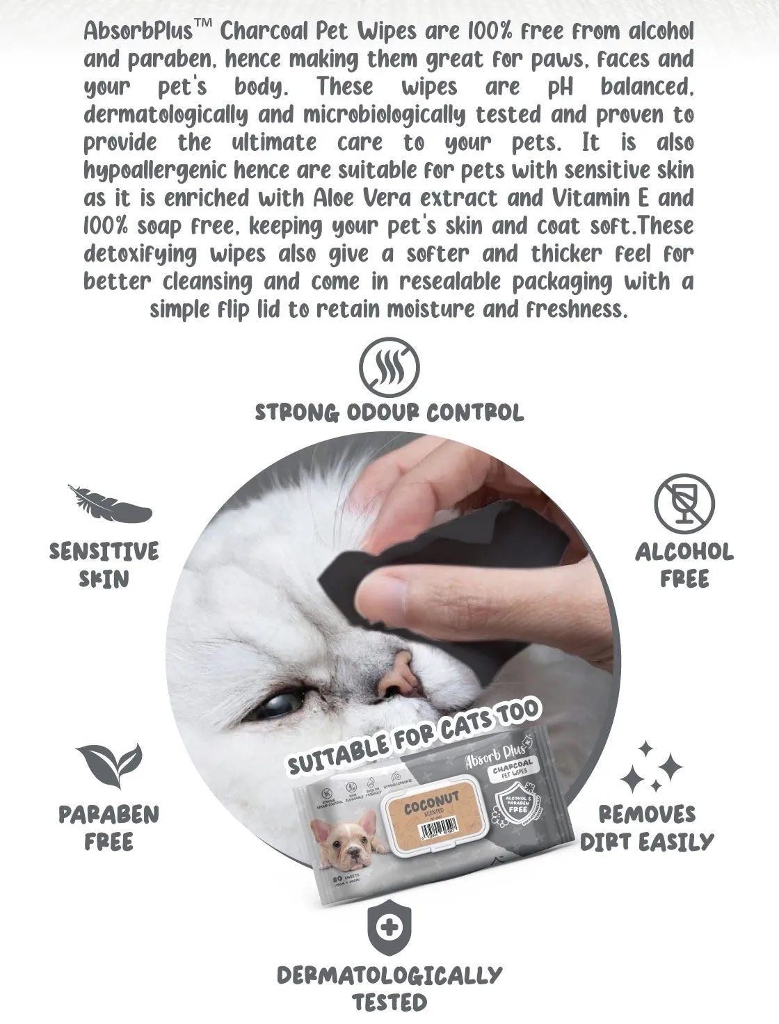 Absorb Plus Charcoal Pet Wipes - Aloe Vera (80pcs) | Alcohol & Paraben Free