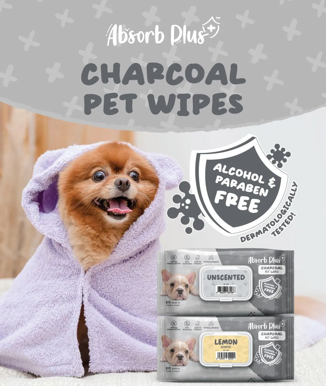 Absorb Plus Charcoal Pet Wipes - Aloe Vera (80pcs) | Alcohol & Paraben Free