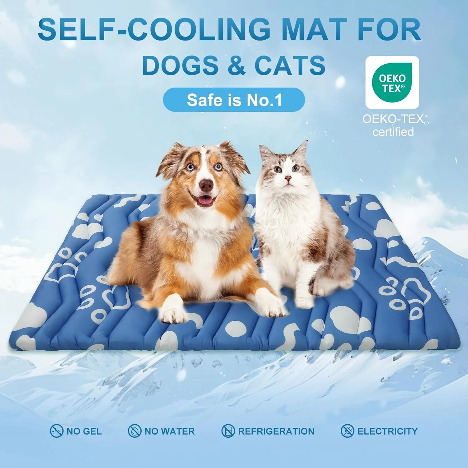BEAUTYZOO Dog Cooling Mat- Upgraded Thicken Cooling Mat for Large Dogs Reversible(Cool & Warm) Pet Ice Cool Bed Washable & Portable, Summer Crate Pad for Big Dog Puppy Up to 80 lbs, Paw Blue 48X28IN