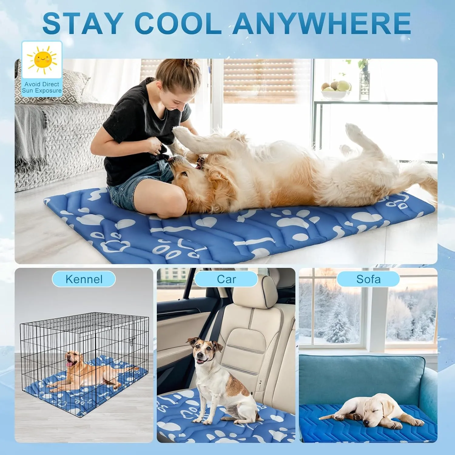 BEAUTYZOO Dog Cooling Mat- Upgraded Thicken Cooling Mat for Large Dogs Reversible(Cool & Warm) Pet Ice Cool Bed Washable & Portable, Summer Crate Pad for Big Dog Puppy Up to 80 lbs, Paw Blue 48X28IN