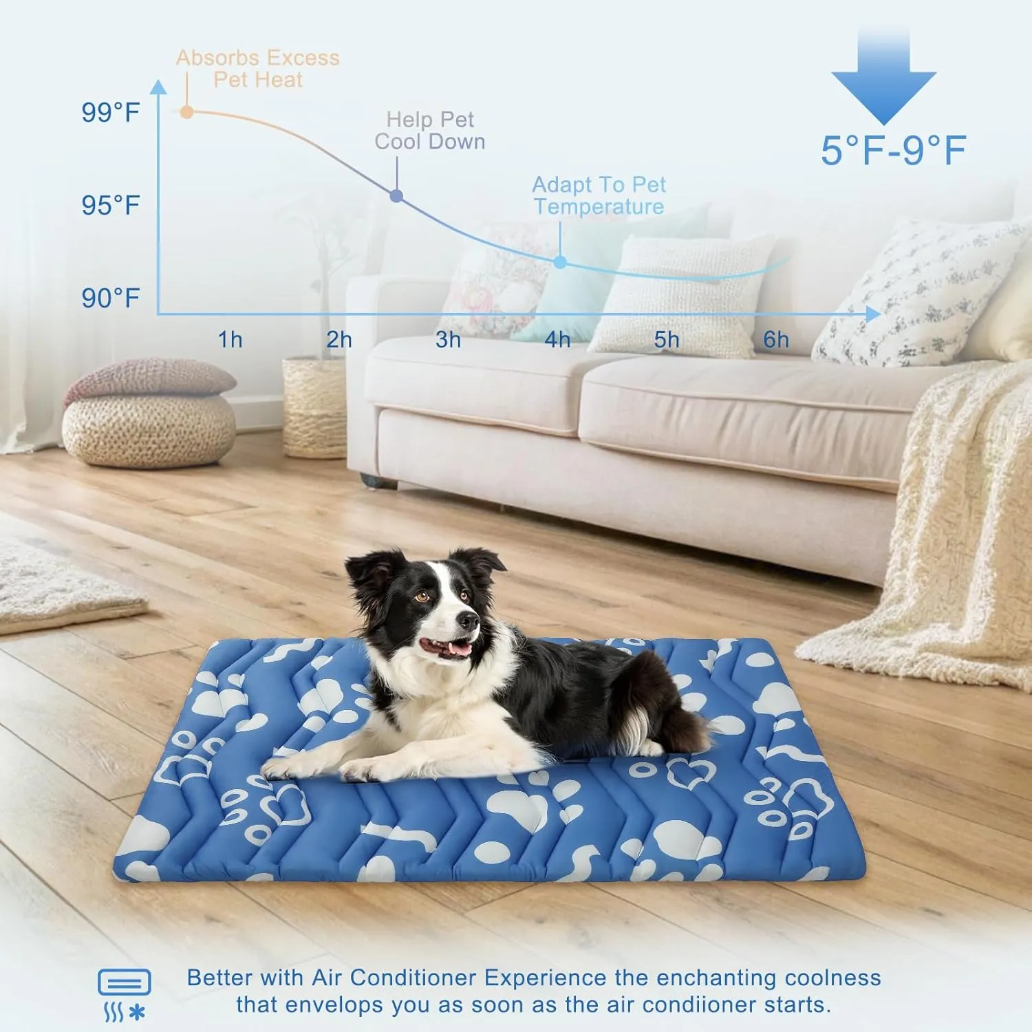 BEAUTYZOO Dog Cooling Mat- Upgraded Thicken Cooling Mat for Large Dogs Reversible(Cool & Warm) Pet Ice Cool Bed Washable & Portable, Summer Crate Pad for Big Dog Puppy Up to 80 lbs, Paw Blue 48X28IN