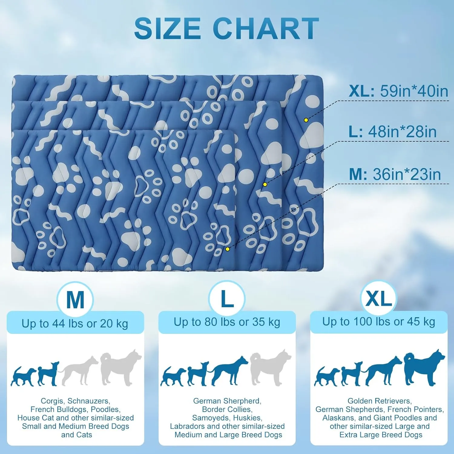 BEAUTYZOO Dog Cooling Mat- Upgraded Thicken Cooling Mat for Large Dogs Reversible(Cool & Warm) Pet Ice Cool Bed Washable & Portable, Summer Crate Pad for Big Dog Puppy Up to 80 lbs, Paw Blue 48X28IN