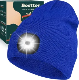 Bosttor LED Beanie Hat with Light, Rechargeable Headlamp Cap, Unisex Winter Warm Knitted Hats, Headlight Flashlight for Running Hiking Camping,Tech Gifts for Men Women Handyman Teens Blue