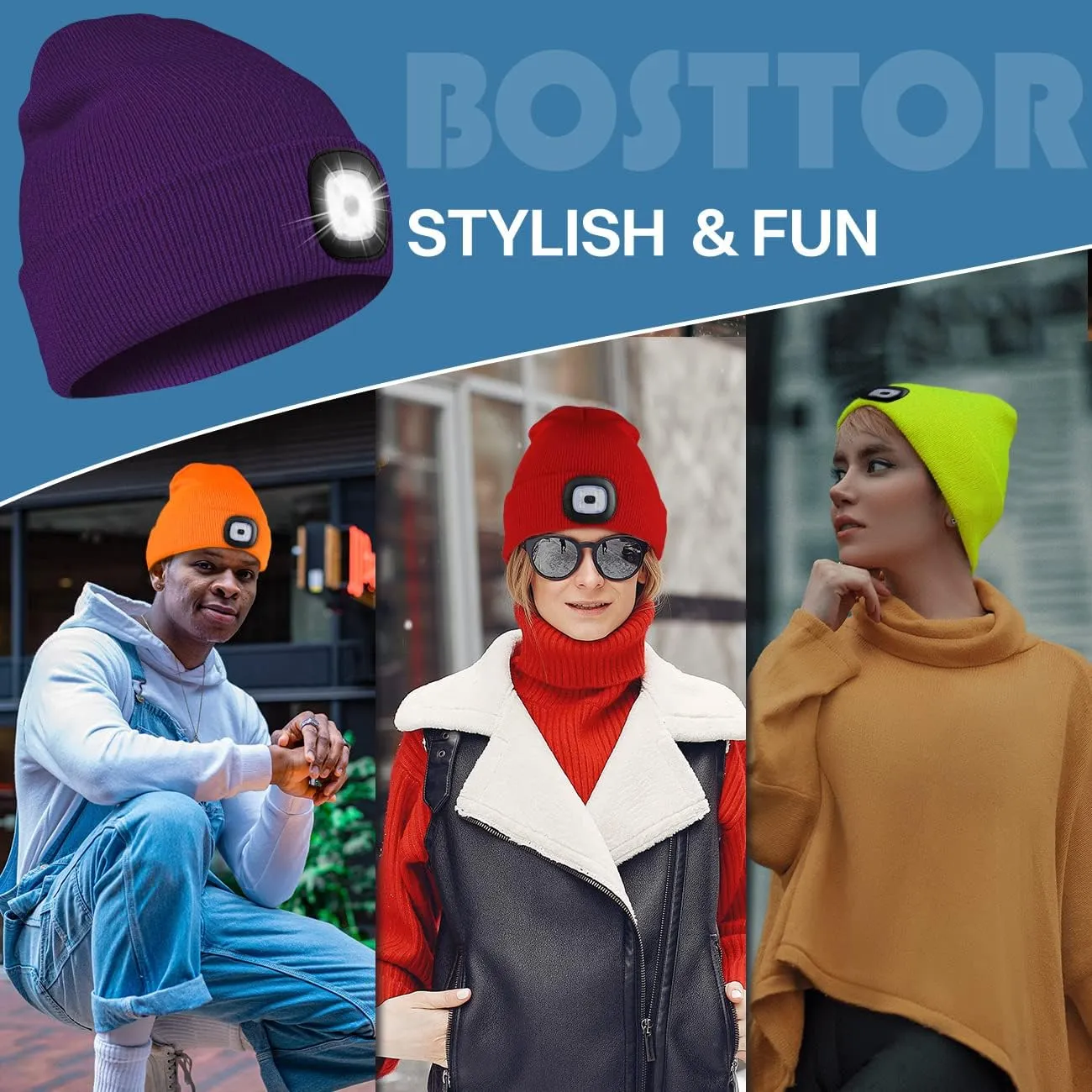 Bosttor LED Beanie Hat with Light, Rechargeable Headlamp Cap, Unisex Winter Warm Knitted Hats, Headlight Flashlight for Running Hiking Camping,Tech Gifts for Men Women Handyman Teens Blue
