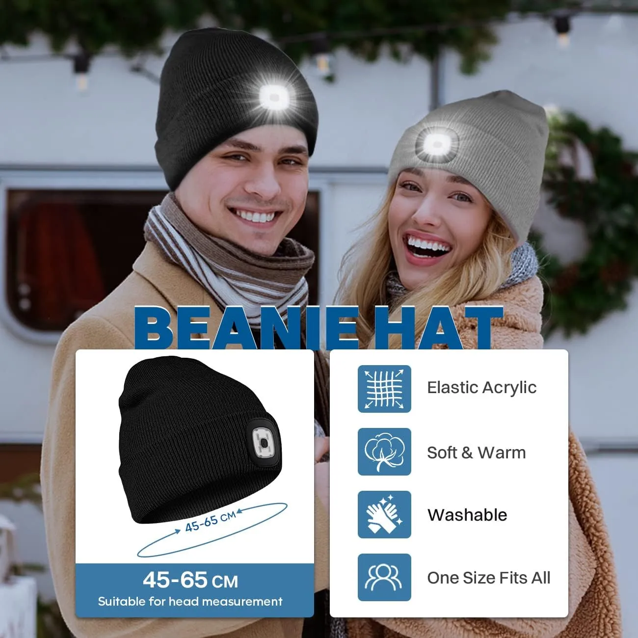 Bosttor LED Beanie Hat with Light, Rechargeable Headlamp Cap, Unisex Winter Warm Knitted Hats, Headlight Flashlight for Running Hiking Camping,Tech Gifts for Men Women Handyman Teens Blue