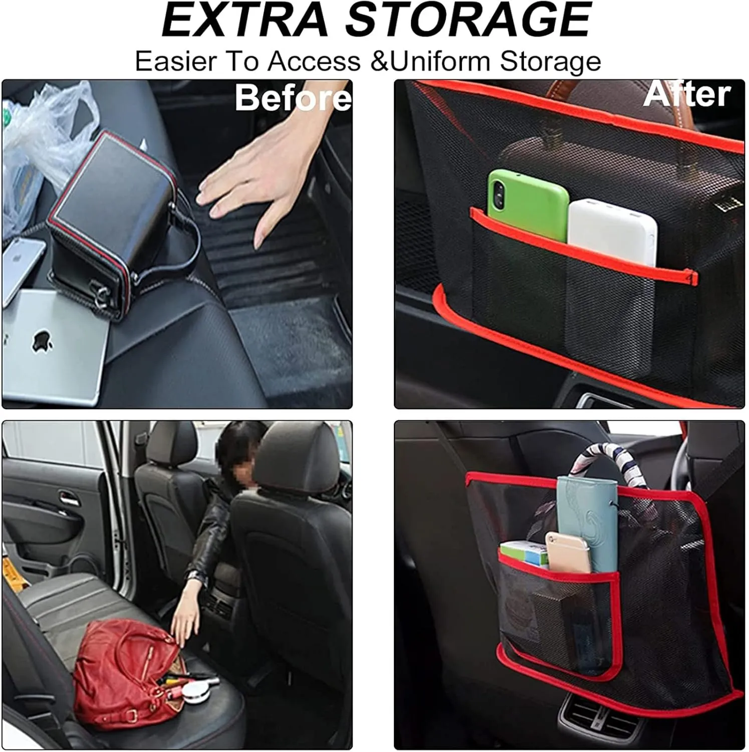 Car Net Pocket Handbag Holder Between Seats Back Storage Organizer Purse Holder for Console Front Seat Storage Barrier (Red)