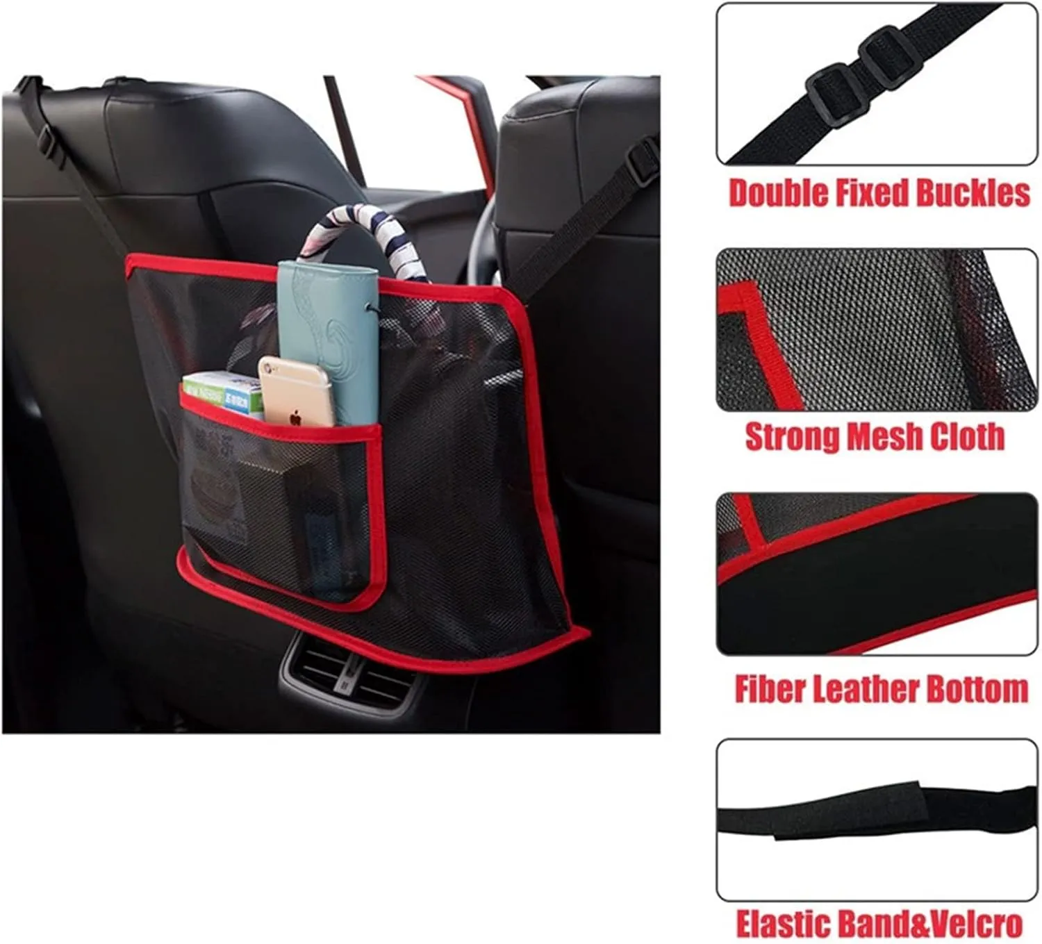 Car Net Pocket Handbag Holder Between Seats Back Storage Organizer Purse Holder for Console Front Seat Storage Barrier (Red)