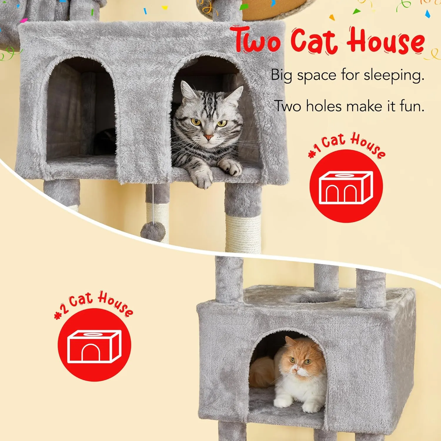 Cat Tree, Floor to Ceiling Cat Tower Adjustable Height [92-102 in=235-257cm], 8 Tiers Cat Climbing Play House with Scratching Post, 2 Cozy Condos&Hammocks for Indoor Cats, Light Grey