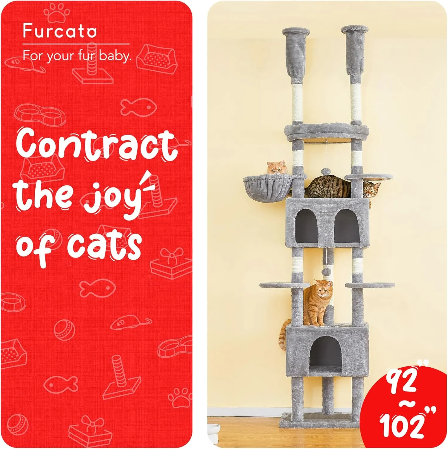 Cat Tree, Floor to Ceiling Cat Tower Adjustable Height [92-102 in=235-257cm], 8 Tiers Cat Climbing Play House with Scratching Post, 2 Cozy Condos&Hammocks for Indoor Cats, Light Grey