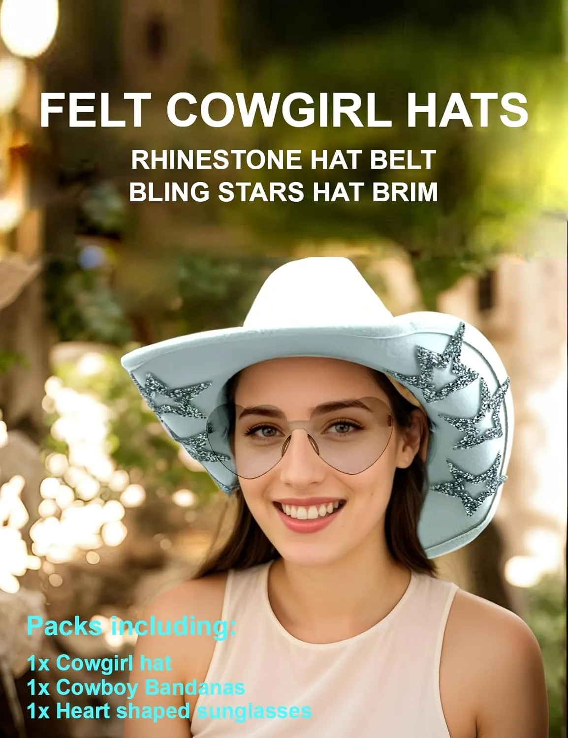 Cowboy Hat for Women Men 6 Sparkly Stars Brim & Rhinestone Belt Western Cowgirl Hat with Sunglasses Bandanas