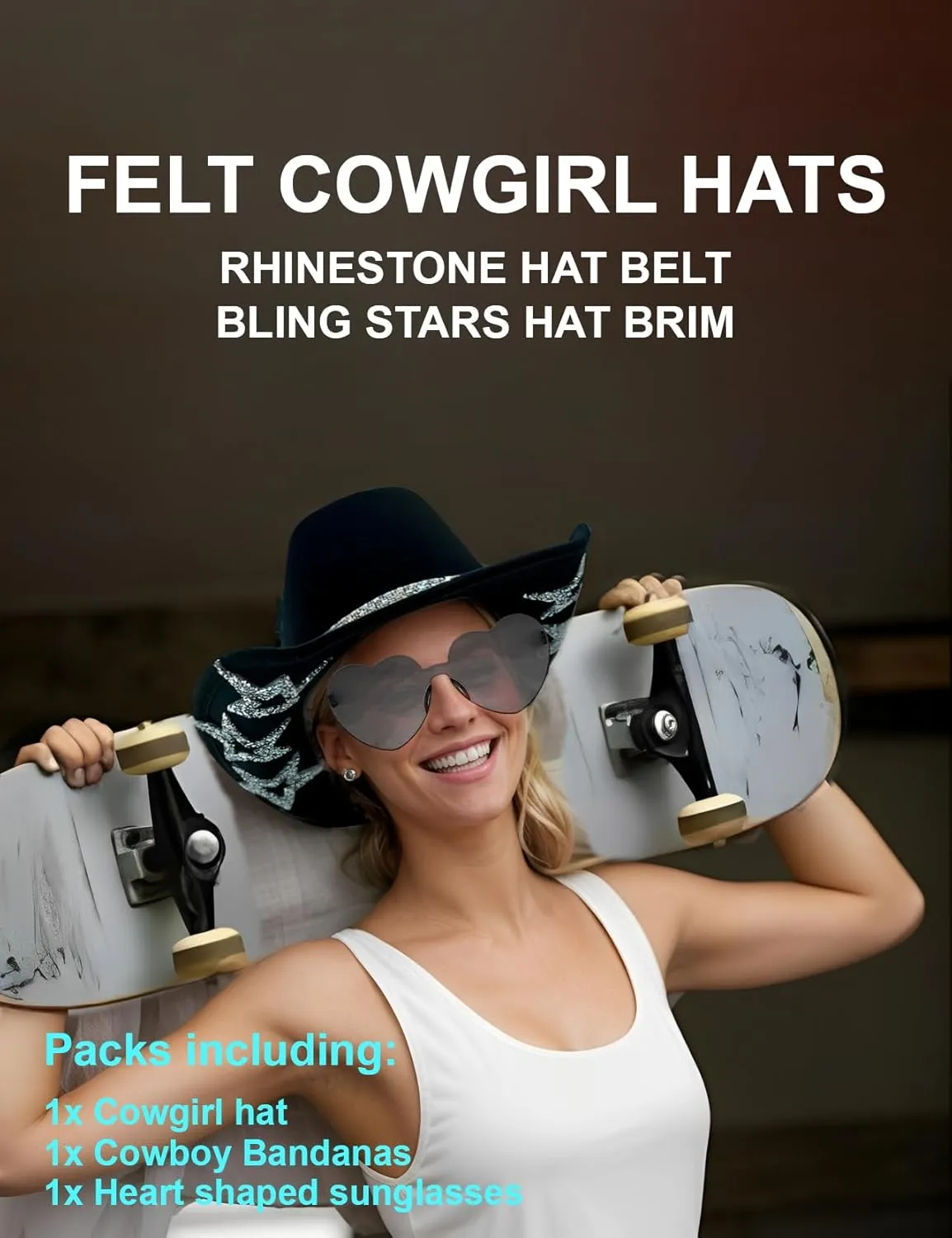 Cowboy Hat for Women Men 6 Sparkly Stars Brim & Rhinestone Belt Western Cowgirl Hat with Sunglasses Bandanas