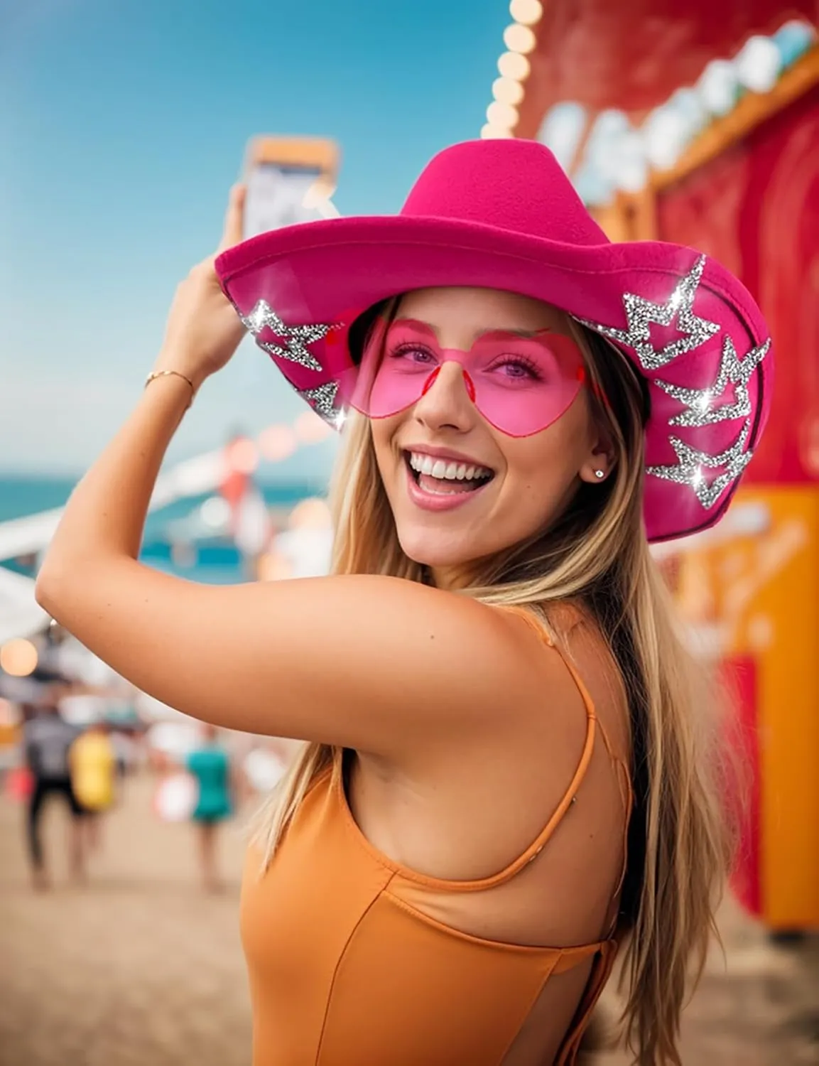 Cowboy Hat for Women Men 6 Sparkly Stars Brim & Rhinestone Belt Western Cowgirl Hat with Sunglasses Bandanas