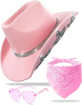 Cowboy Hat for Women Men 6 Sparkly Stars Brim & Rhinestone Belt Western Cowgirl Hat with Sunglasses Bandanas