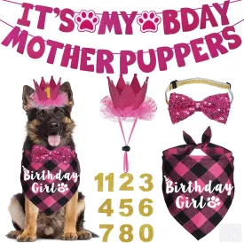 Dog Birthday Decorations, Multi Sizes Dog Birthday Bandana Girl Dog Birthday Hat Crown Bow Tie Birthday Numbers Its My Bday Mother Puppers Sign Banner for Large Extra Large Dogs (Pink, X-Large)