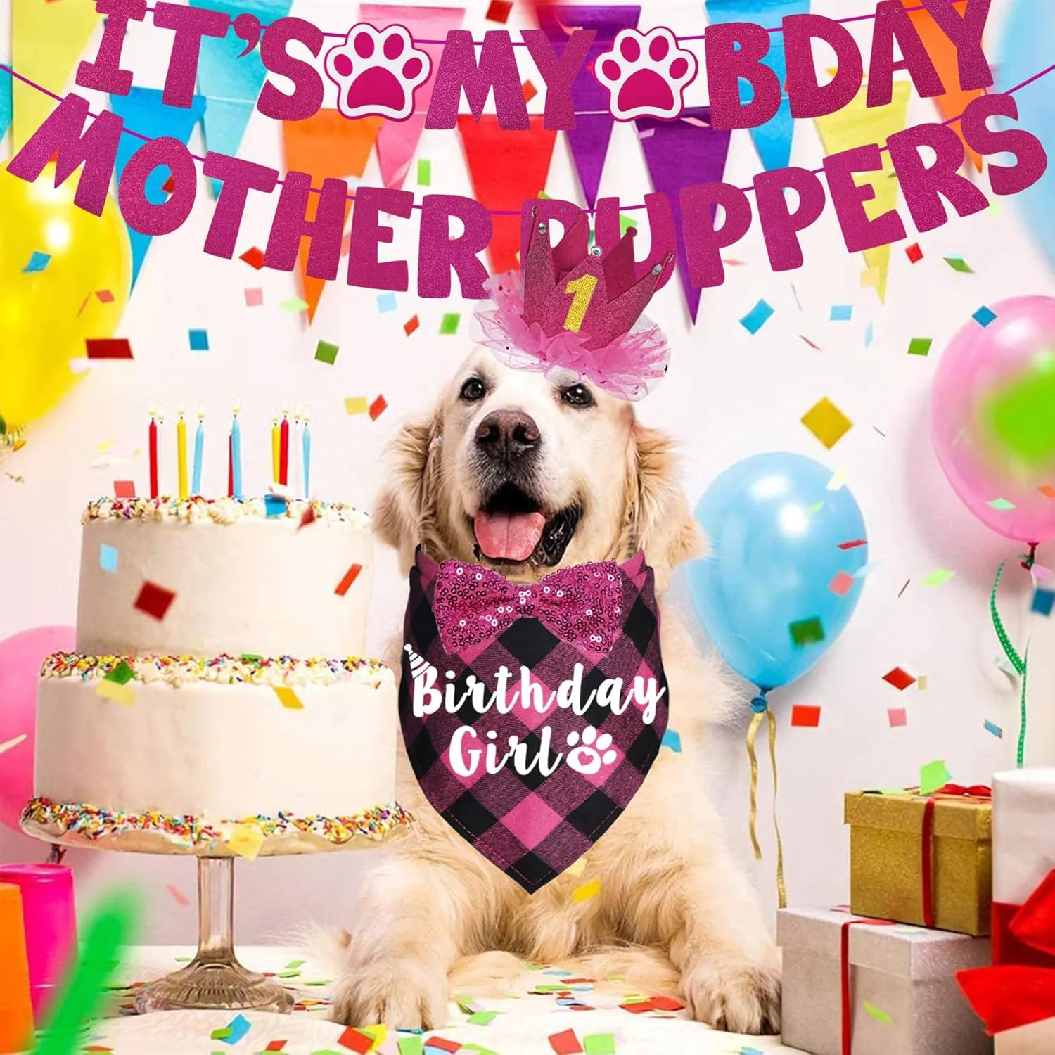 Dog Birthday Decorations, Multi Sizes Dog Birthday Bandana Girl Dog Birthday Hat Crown Bow Tie Birthday Numbers Its My Bday Mother Puppers Sign Banner for Large Extra Large Dogs (Pink, X-Large)