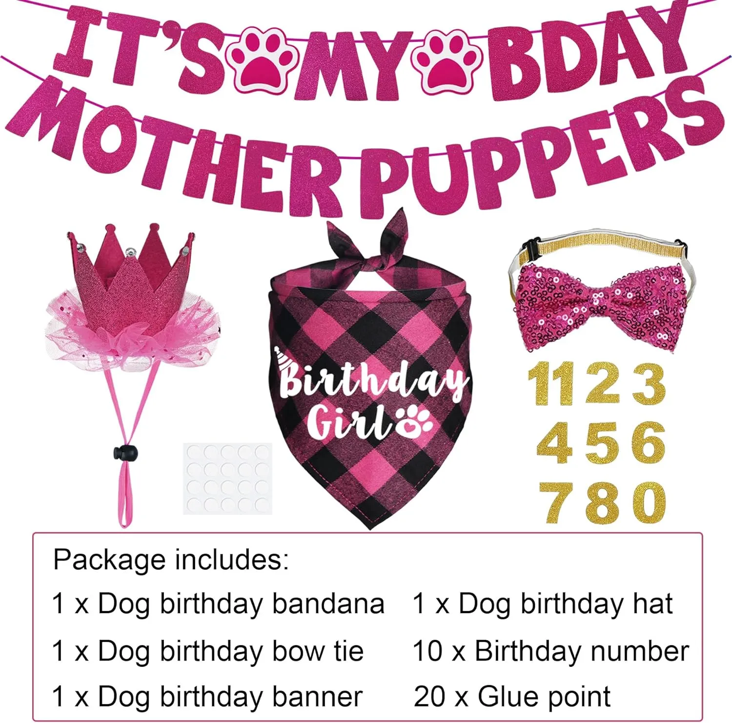 Dog Birthday Decorations, Multi Sizes Dog Birthday Bandana Girl Dog Birthday Hat Crown Bow Tie Birthday Numbers Its My Bday Mother Puppers Sign Banner for Large Extra Large Dogs (Pink, X-Large)
