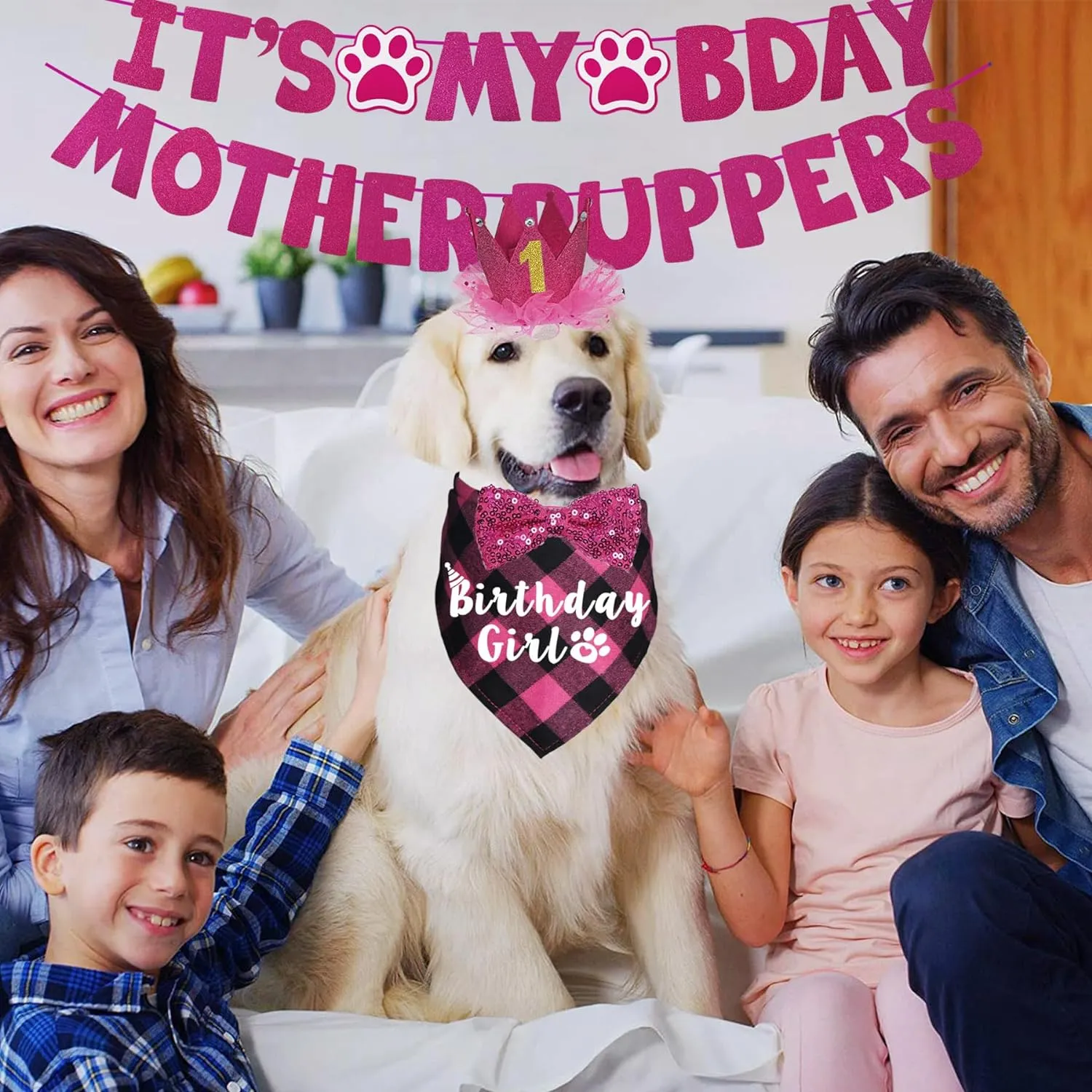 Dog Birthday Decorations, Multi Sizes Dog Birthday Bandana Girl Dog Birthday Hat Crown Bow Tie Birthday Numbers Its My Bday Mother Puppers Sign Banner for Large Extra Large Dogs (Pink, X-Large)