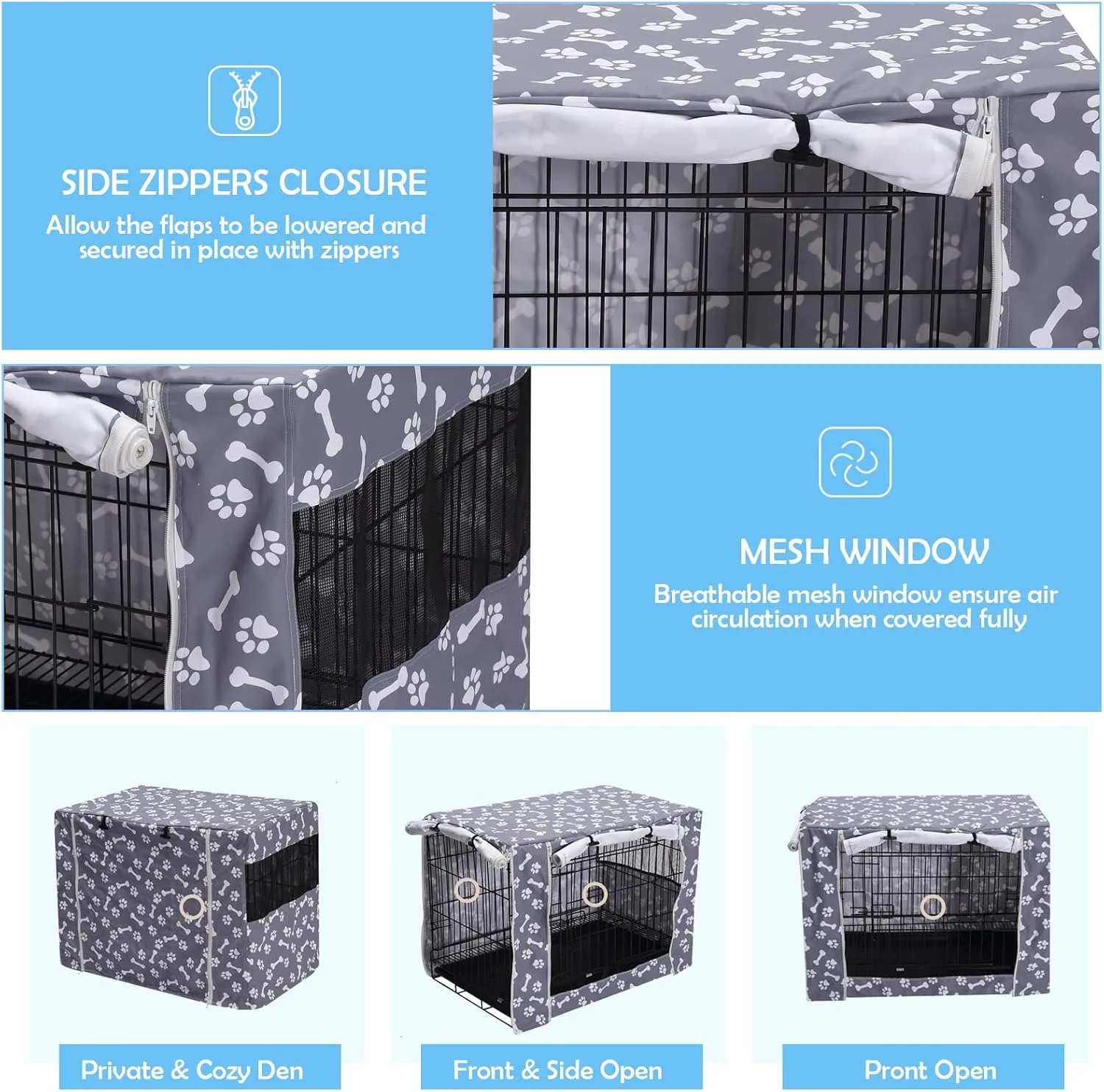 Dog Crate Cover Kennel Dogs Covers fits Small Medium Large crates cage Heavy Nylon Waterproof soundproof Indoor Outdoor - Cover only - Grey Bone paw - 24 inch
