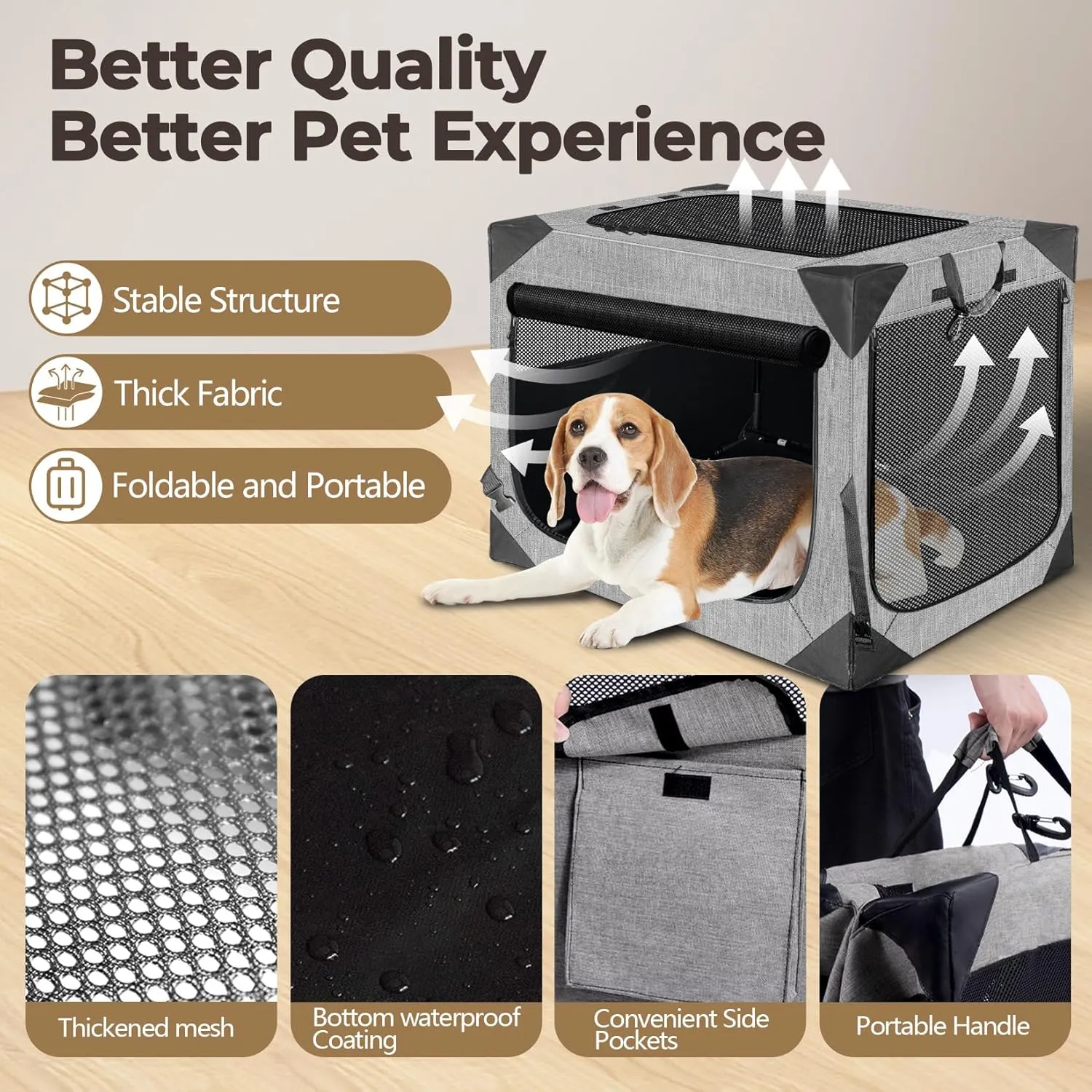 Dog Crates,Collapsible Soft Travel Crate for Medium Dogs (3 Year Warranty), Indoor & Outdoor Portable Pet Kennel with Chew Proof Mesh Window (French Gray,30" L x 21" W x 21" H) 