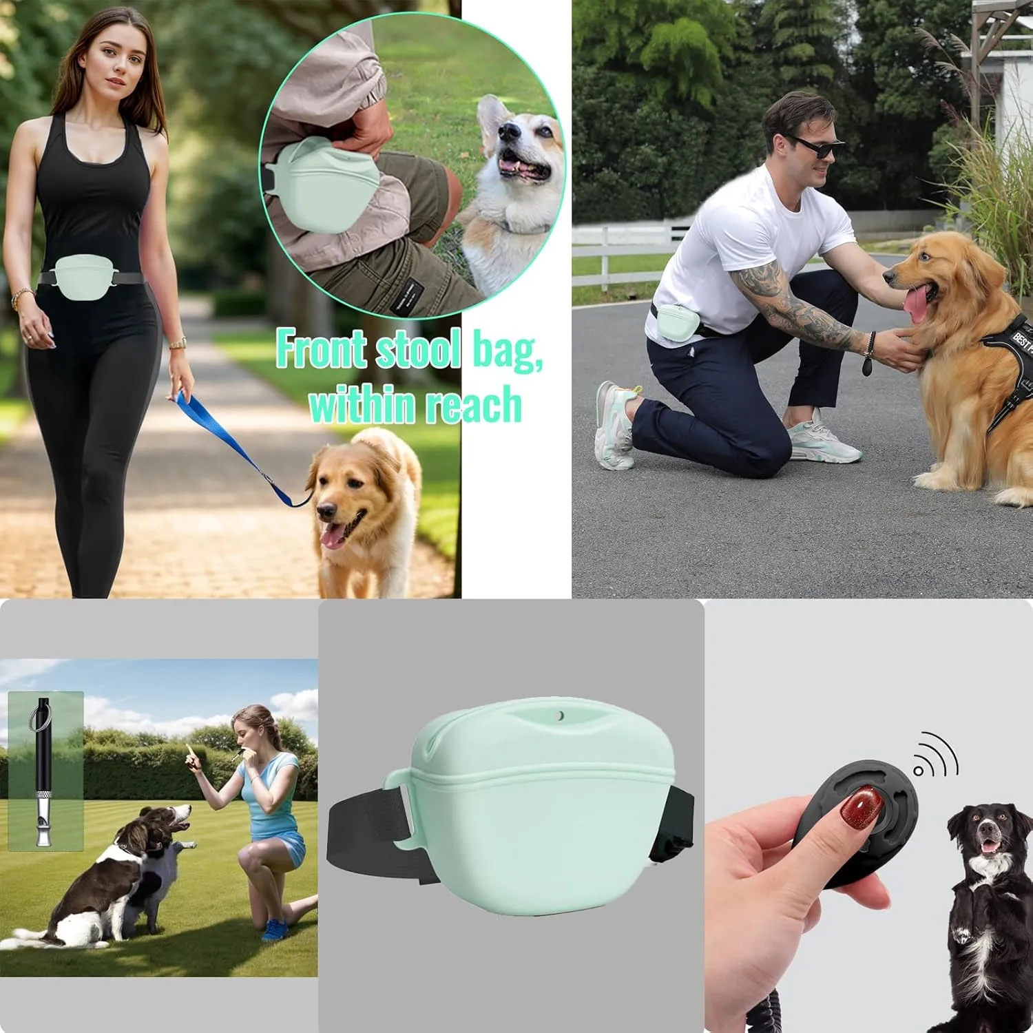 Dog Treat Pouch Kit, Silicone Treat Bag Fanny Pack with Waist Belt Magnetic Closure Pouches for Pet Training Walking, with Dog Clicker and Silent Whistle(Light Green)