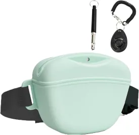 Dog Treat Pouch Kit, Silicone Treat Bag Fanny Pack with Waist Belt Magnetic Closure Pouches for Pet Training Walking, with Dog Clicker and Silent Whistle(Light Green)