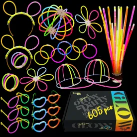 Dragon Too Glow in The Dark Party Supplies - 605 Pieces - Includes Connectors to Create Necklaces, Bracelets, Glasses, Heart Glasses, Hats, Headbands, Balls, Flowers - Glow in The Dark Party Favors