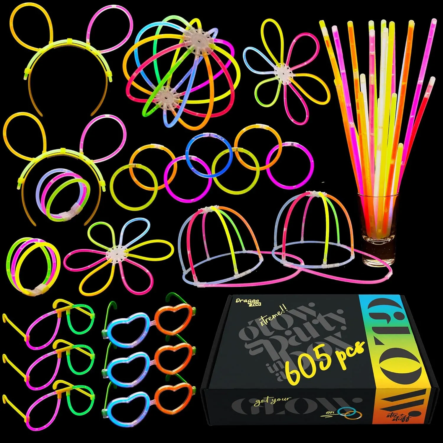 Dragon Too Glow in The Dark Party Supplies - 605 Pieces - Includes Connectors to Create Necklaces, Bracelets, Glasses, Heart Glasses, Hats, Headbands, Balls, Flowers - Glow in The Dark Party Favors