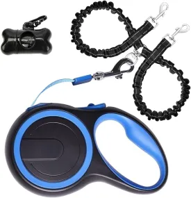 Dual Retractable Dog Leash for 2 Dogs - 16ft Heavy-Duty Retractable Leash for Small to Medium Dogs up to 44lbs, One-Hand Control with Lock & Brake, Anti-Tangle Design & Non-Slip Grip (Blue)