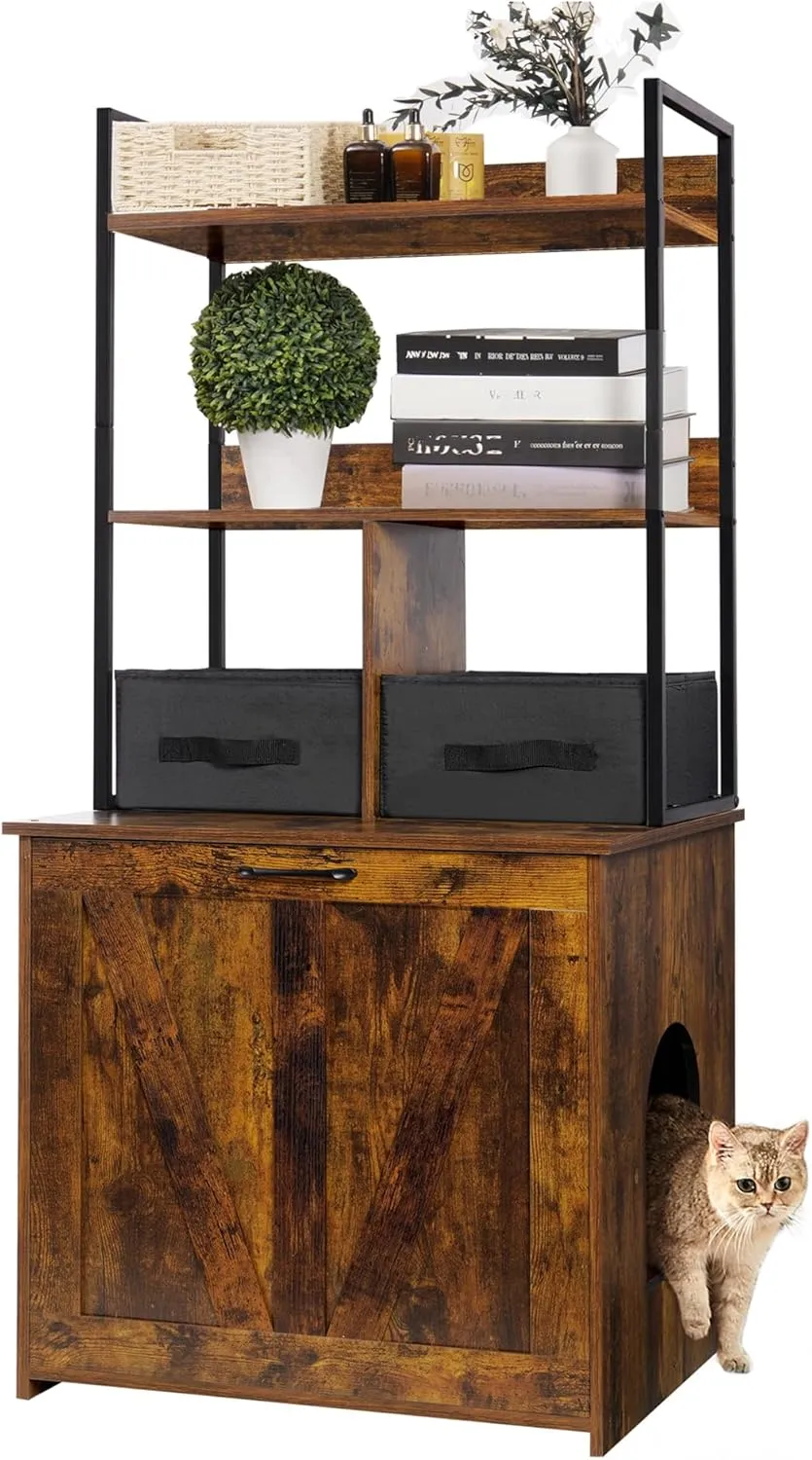 DWANTON Litter Box Enclosure with 2 Storage Shelves and 2 Drawers, 2-in-1 Hidden Cat Litter Box Enclosure Furniture with Shelf, Reversible Entrance, Washable Drawers, 50-Inch, Rustic Brown