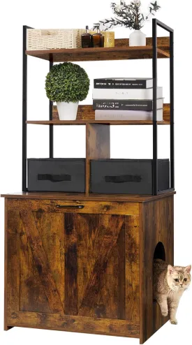 DWANTON Litter Box Enclosure with 2 Storage Shelves and 2 Drawers, 2-in-1 Hidden Cat Litter Box Enclosure Furniture with Shelf, Reversible Entrance, Washable Drawers, 50-Inch, Rustic Brown