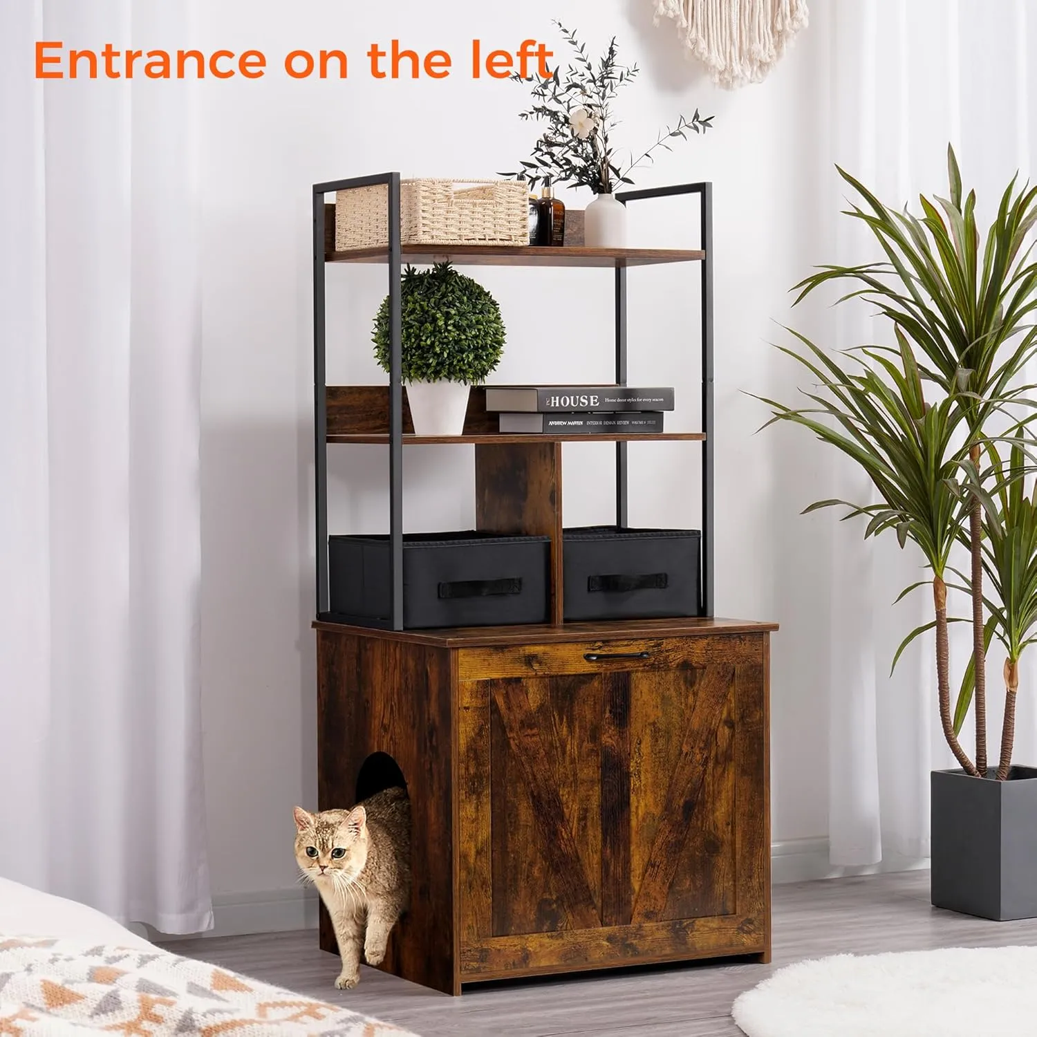 DWANTON Litter Box Enclosure with 2 Storage Shelves and 2 Drawers, 2-in-1 Hidden Cat Litter Box Enclosure Furniture with Shelf, Reversible Entrance, Washable Drawers, 50-Inch, Rustic Brown
