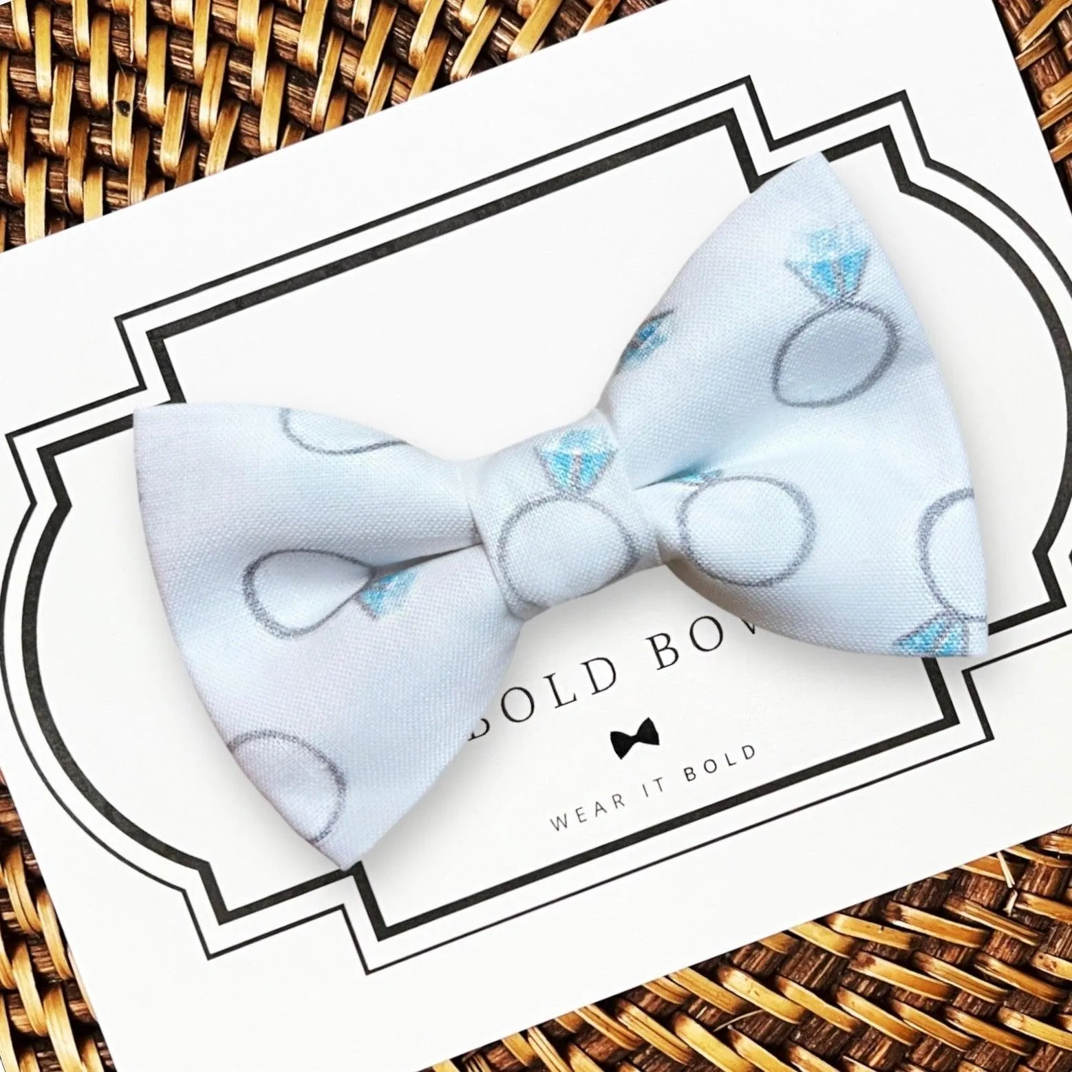 Engagement Ring on White Bow Tie for Dog Collar and Cat Collar