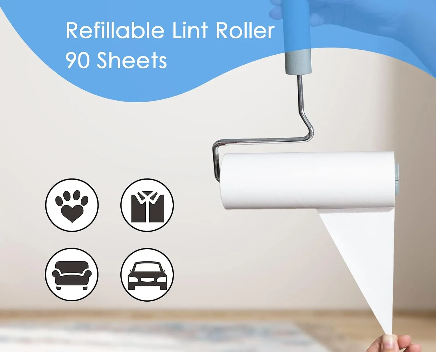 Extreme Sticky Large Surface Lint Roller, 6.3'' Giant Pet Hair Remover Roller for Pet Dog Cat Hair, Clothes&Furniture Cleaning, 90 Sheets (1 Roller   2 Refills with Dust-Proof Cover)