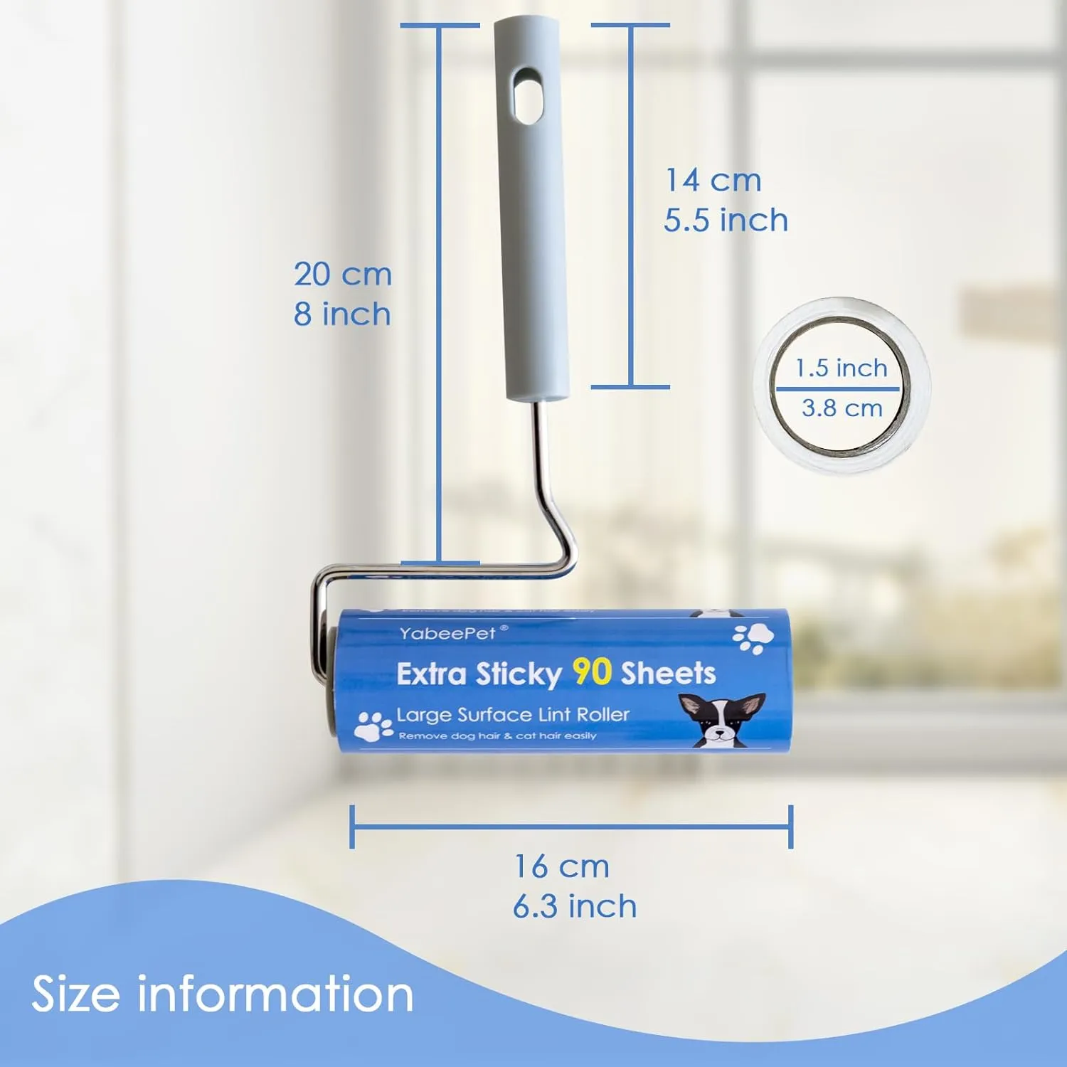 Extreme Sticky Large Surface Lint Roller, 6.3'' Giant Pet Hair Remover Roller for Pet Dog Cat Hair, Clothes&Furniture Cleaning, 90 Sheets (1 Roller   2 Refills with Dust-Proof Cover)