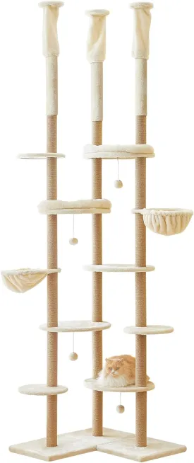 Floor to Ceiling Cat Tree, Tall Cat Tower Adjustable Height (88-114=223-290CM), 6-Tier Cat Climbing Tower with 18 Fully Sisal Scratching Posts, 6 Platforms and 2 Cozy Hammocks,Beige