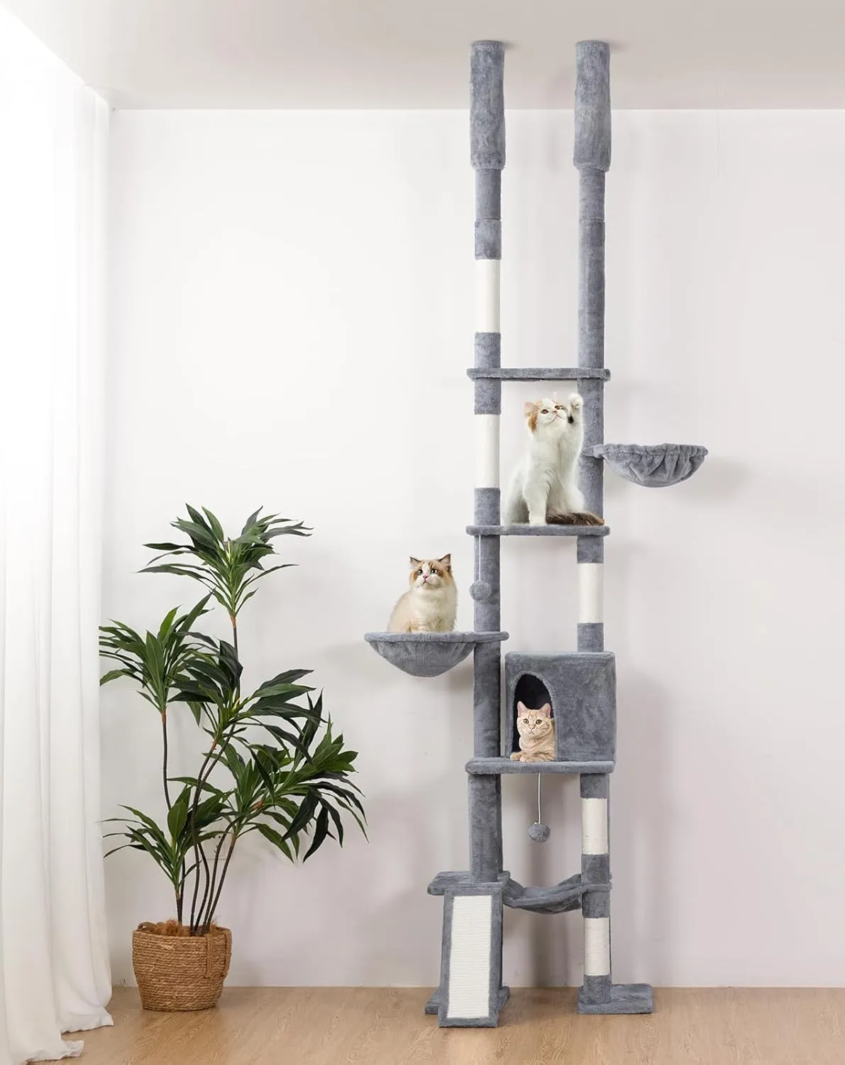 Floor to Ceiling Cat Tree Tower, Adjustable Height(85.6"-114") 7-Level Tall Cat Tower with Scratching Post, Condo & Hammock for Indoor Kittens