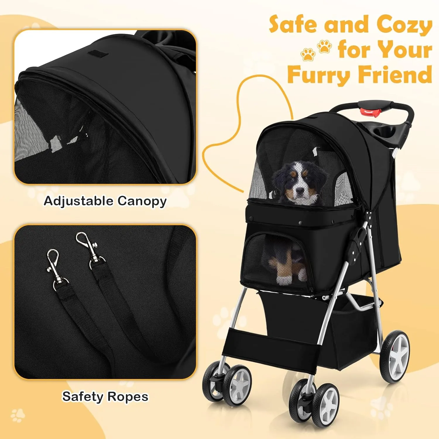 Giantex Folding Dog Stroller for Small Medium Dogs Cats Puppy, 4 Lockable Wheels Cat Stroller Pet Travel Carrier Strolling Cart, Safety Belt, Removable Liner and Storage Basket (Black)