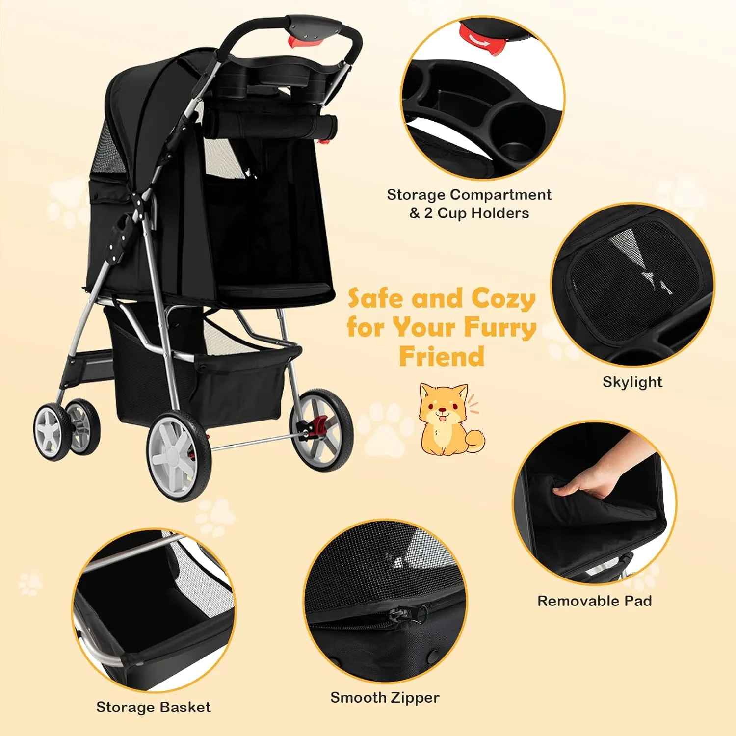 Giantex Folding Dog Stroller for Small Medium Dogs Cats Puppy, 4 Lockable Wheels Cat Stroller Pet Travel Carrier Strolling Cart, Safety Belt, Removable Liner and Storage Basket (Black)
