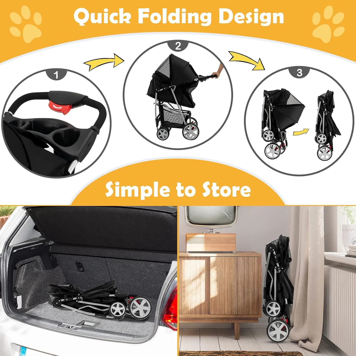 Giantex Folding Dog Stroller for Small Medium Dogs Cats Puppy, 4 Lockable Wheels Cat Stroller Pet Travel Carrier Strolling Cart, Safety Belt, Removable Liner and Storage Basket (Black)